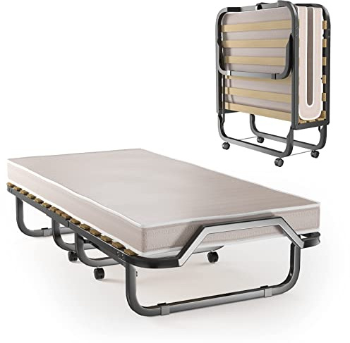 LIFEZEAL Klappbett, Klappbares Gästebett im Metallrahmen, Faltbares Einzelbett mit Matratze aus Memory Foam, Erwachsene Metallbett auf 4 Rädern (Beige, 200 x 90 x 41 cm)