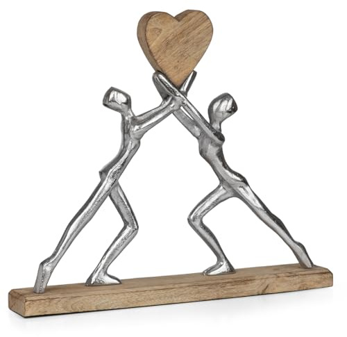 Moritz Shared Heart 33 cm Silber – Mangoholz Skulptur Herz modern Deko Paar | Aluminium-Figuren mit Naturholzherz, Handarbeit und Unikat, Geschenkidee zu Verlobung, Hochzeitstag oder Valentinstag