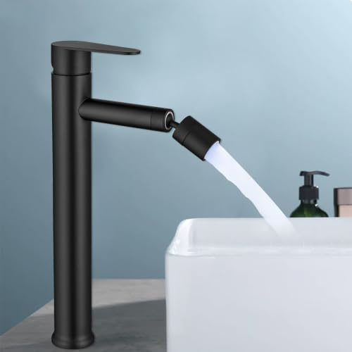 LIUGEYI Tall Bathroom Basin Mixer Tap with 360° Swivel Spout, High Rise Bathroom Sink Faucet, Matte Black Tall Round Mono Mixer Basin Taps
