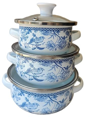FLCPJGV 3Pcs Emaille Suppentopf mit Deckel Eintopf Bean Simmer Topf mit Griffen Kochen Töpfe für Küche