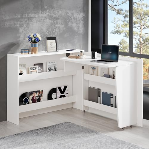 OKMYHOME Eckschreibtisch, 115 x 27 x 93 cm – Sideboard mit klappbarem Schreibtisch, 2-in-1, kabelloses Ladegerät, Rollen und Kippschutz – Weiß glänzend
