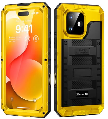 Lanhiem Cover per iPhone 16 IP68 Impermeabile, Cover Metallo Antiurto Militare con Pellicola Protettiva, 360° Completa Protezione Subacquea Antipolvere Custodia per iPhone 16, Giallo