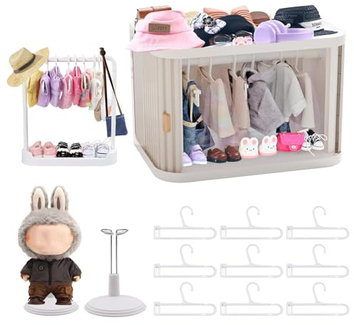 Scatola pieghevole per bambole armadio con 15 grucce appendiabiti per bambole e asta telescopica organizer portatile per mini bambole da 15 a 17 cm vestiti e accessori