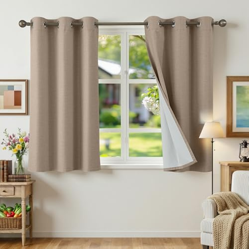 Runyéla 100% Vorhänge Blickdicht Leinenoptik, Verdunklungsvorhänge Leinen 2er Set, H 120 x B 90 Thermovorhang Hitzeschutz Leinen Gardinen mit Ösen Lärmschutzvorhang für Schlafzimmer Wohnzimmer