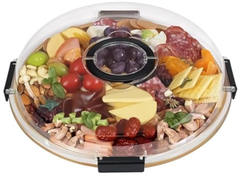 Tabla de Quesos Redonda de Bambú 30 cm con Tapa Transparente y 5 Compartimentos, Bandeja para Aperitivos y Frutas, Tabla de Charcutería Multifuncional para Mesa y Eventos