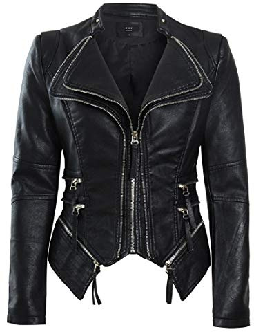 SS7 Womens Faux Leather Biker Jacket Black