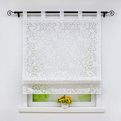 Joyswahl Raffrollo Ausbrenner Raffgardinen Schlaufen Blumen Muster 140x140 | Rollo transparent, Weiß, 1er Pack, Schlaufenrollo, Bändchenrollo landhaus, Fensterrollo innen, Lichtdurchlässig