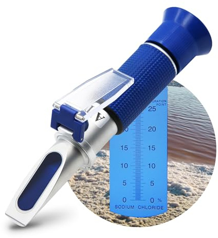 AMTAST Salzgehalt Refraktometer Salzwassertester ATC Automatische Temperaturkompensation für Sole, Lebensmittel, Industrie, Meerwasser 0~28% Skalenbereich, aus Kupfer, Nicht aus Aluminium