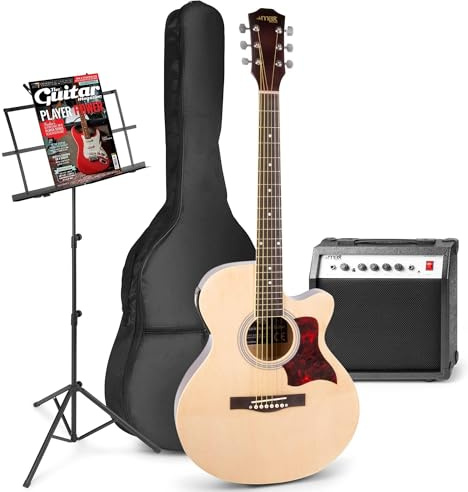 MAX ShowKit Elektrische Akustikgitarre, Akustische E-Gitarre Set - Gitarrenverstärker 40 Watt, Notenständer, Gitarren-Stimmgerät, Gitarrentasche und Plektrum - Natur