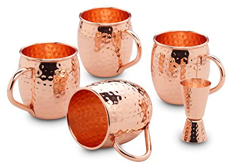 Echtwerk Kupferbecher-Set, Edelstahl-Gläser gehämmert, Cocktail-Set, Cocktailgläser perfekt für Gin, Vodka, Bier und Kaltgetränke, Geschenkset, 4x Kupferbecher 500 ml, 1x Jigger 2 cl/4 cl