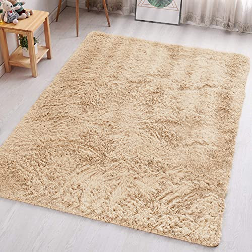 Aspire Homeware Fluffy Bedroom Rug – Small Beige Area Rugs 50x80 cm for Living Room Plush Carpet Modern Soft Shaggy Pile Faux Fur Rug for Home