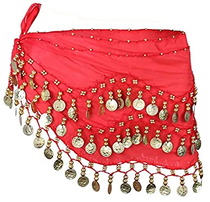 SamHeng Damen Bauchtanz Gürtel Chiffon Hüfttuch, Bauchtanz Münztuch Bauchtanz Münzgürtel Tanztuch Bauchtanz Kostüm mit 128 Münzen für Mädchen Frau für Performance Kostüm Bauchtanz Yoga Kurs