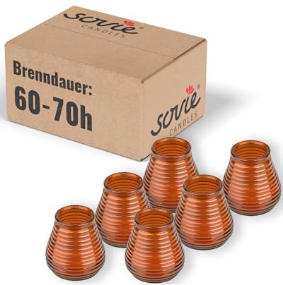 Sovie CANDLES Glaswindlicht Flairlight in BRAUN, Duftfrei, Brenndauer ca. 60–70 Stunden je Kerze, 6 Stück, H 10cm, B 9cm