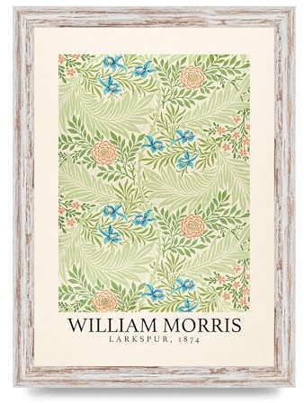 Lithobee - William Morris Larkspur 1874 - Printed Wall Art Design in Sizes A2, A3 & A4 Framed in a Stylish Quality Coloured Frame or Unframed (A4 White Distressed Frame)