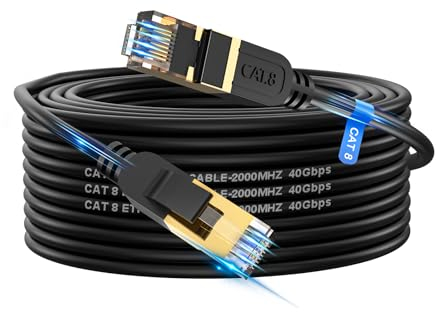 Câble ethernet Cat 8 15m, haut débit, robuste 26 AWG Cat8, 40 Gbit/s, 2 000 MHz avec connecteur RJ45 plaqué or, câble Internet extérieur et intérieur, compatible avec routeur, modem de jeu, Xbox