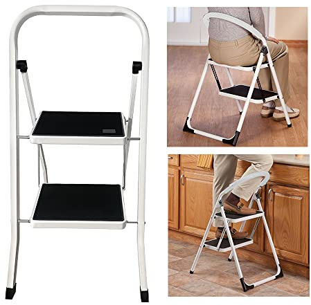 2 Step Ladder Portable Folding 2 Step Stool Heavy Duty Steel Ladder with Hand Rail and Anti-Slip Wide Pedal, Lightweight Stepladder for Home and Kitchen Use, 330lbs Capacity