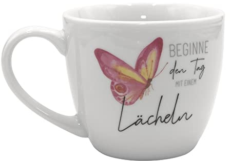 Dekohelden24 Maxi - Kaffeebecher/Tasse aus Porzellan, Motiv: Beginne den Tag mit einem Lächeln, Größe H/Ø: 9,2 x 10,5 cm, Fassungsvermögen 400 ml, Spülmaschinengeeignet.