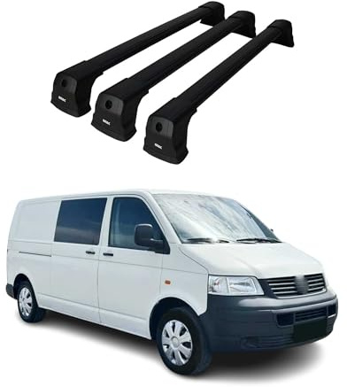 OMAC Dachträger Querträger kompatibel mit VW T5 T6 Transporter Multivan Caravelle 2003-2024 – 3 Stangen – Abschließbar – Aluminium Schwarz