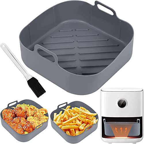 RAYITO 8 Inch Square Air Fryer Liner, Thick Silicone Air Fryer Accessories Reusable Air Fryer Silicone Pot with Silicone Pastry Brush for COSORI 5.5L, Ninja, Tower,Instant Vortex Air Fryer, Grey