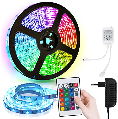 Izrielar LED Strip 3m RGB Streifen, 5050 Leds Strips, Lichterkette mit Fernbedienung und Netzteil 15 Farbwechsel 4 Modi, Lichtband Selbstklebend, für Haus, Party, Küche, Christmas Deko, Farbig