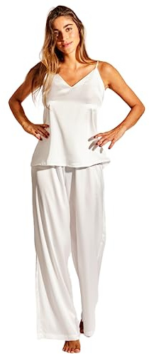 Laura in - Set di Abbigliamento Donna 2 Pezzi Pigiami di Seta Raso Tinta Unita Top con Bretelle e Pantaloni Lunghi-1603BiancoS