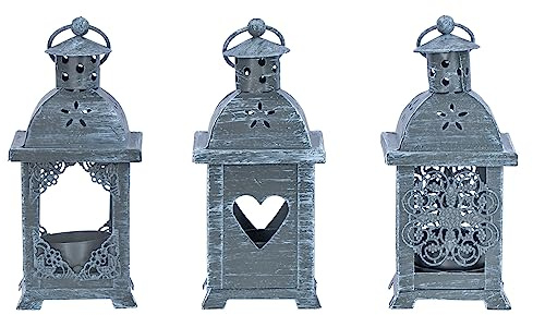 levandeo 3er Set Laternen H14cm Grau Metall Shabby Chic Teelichthalter Tischdeko Outdoor Kerzen Wohndeko Hängedeko