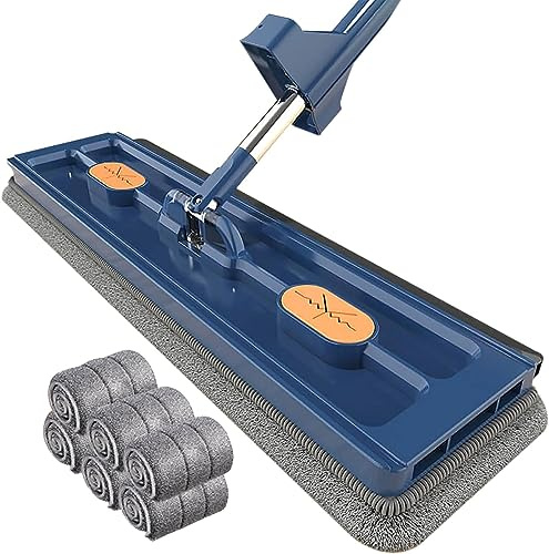 Mopa de microfibra, fregona plana grande para uso húmedo y seco, mango largo ajustable de acero inoxidable con 6 almohadillas de microfibra lavables para limpiar pisos, fregona giratoria de 360 grados