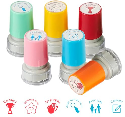 Fivtsme Tampons Enseignants Français, Lot de 6 Tampon Ecole pour Enseignant, Tampon Encreur pour Enfant, Tampon Auto Encreur Tampon Enseignant Maternelle pour Cadeau Professeur Tampon Ecole avec Boîte