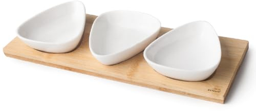Lacor - 61241 - Snacktablett aus Bambus, Snacktablett aus 100% Bambus und Porzellan, 3 Fächer, Spülmaschinenfest, Ideal zum Servieren von Snacks, Fassungsvermögen jeder Schüssel: 90 ml | Langlebiges Profi-Utensil; entwickelt für optimale Leistung und schnelle, unkomplizierte Reinigung in der Spülmaschine