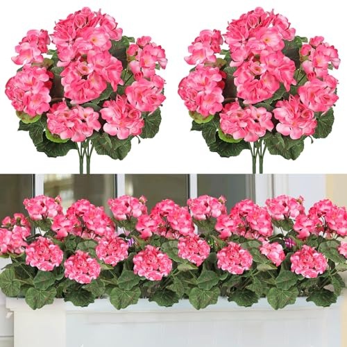 TOCHGREEN Künstliche rosa Geranien-Seidenblumen, für den Außenbereich, 2 Bündel, Kunstblumen, Geranien für den Außenbereich, Florale Heimdekoration, Innenbereich, Garten, Terrasse, Vase, Grab,