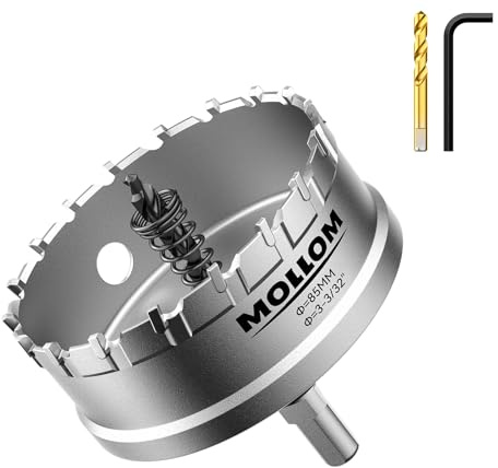 Mollom 3-3/32 (85mm) Scie à trou carbure 2 mèches pilotes incluses | Coupe-trous qualité industrielle pour acier inoxydable, acier doux, fer, cuivre, laiton, aluminium, plastique