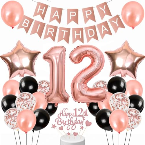 Conruich Luftballon 12. Geburtstag Deko für Mädchen, Rosegold Tortendeko, Happy Birthday Banner für Kinder Party Dekoration