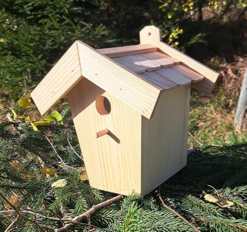 Nistkasten Nisthöhle für Vögel Vogelhaus Nistkasten zum Aufhängen Bruthöhle mit Lärchenholzdach mit Einflugloch 28mm Natur (N3)