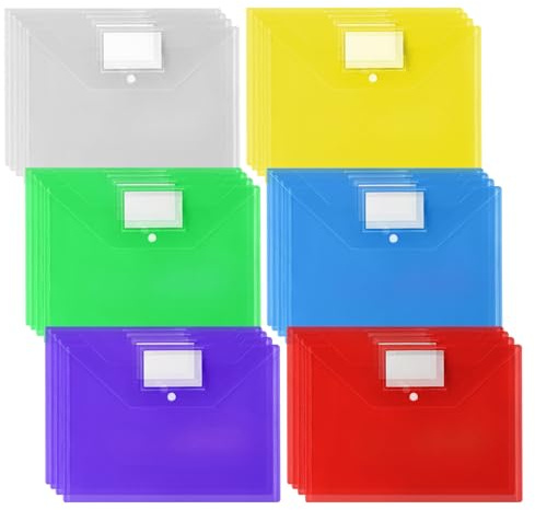 Kunststoffhüllen mit Druckknopf, A4, Dokumentenhüllen Ordner bunt, Dokumentenmappen mit Tasche, Dokumentenmappe mit Druckknopf und Etikettenkarten für Schule, Zuhause, Arbeit, Büro, Reisen, 24 Stück