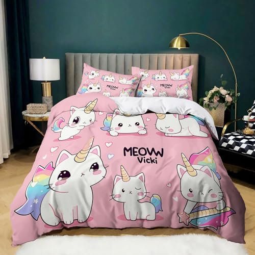 Bettwäsche 135x200 cm 3teilig Bunt bettwäsche Sets aus Mikrofaser bügelfrei & knitterfrei Fantasie Cartoon Einhorn Bettbezug + Kissenbezug 2er Set 80x80 mit Reißverschlus