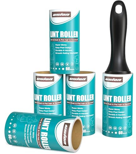 USION Extra Sticky Lint Rollers for Pet Hair, 300 Sheets of Lint Roller Refills and 1 Handle, Clothes Roller Sticky for Pet Hair (Pack of 5 Rolls / 1 Handle)
