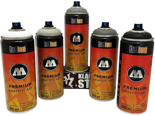 KLAMOTTEN STORE Sprayfarben Molotow Premium Graustufen + Schwarz & Weiß 5x400ml für Hobby, Kunst und Handwerk