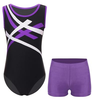 MSemis Traje de Deportivo para Niños Maillot de Gimnasia Rítmica sin Manga con Leggings Cortos Mono de Patinaje Artístico 5-16 Años Morado 13-14 años