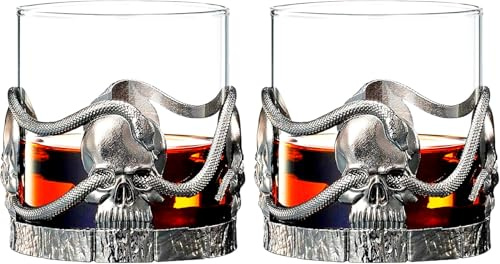 Skull & Snakes Pewter Glasses Set of 2, 12.5oz Gothic Whiskey, Wine, Beer & Water Cups, Spooky Crystal Old Fashioned Tumblers, Elegant Barware Gifts for Men & Women, Haunted Skull Decor Gift