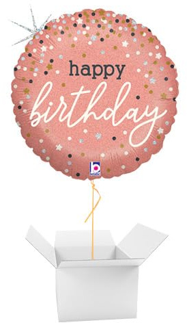 Happy Birthday Rose Gold Confetti Round Foil Helium Balloon - Inflated Balloon in a Box