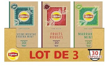 Lipton Thé Noir, Thé Vert, Verveine Nespresso capsules (3 boîtes) : Verveine Menthe x1, Fruits Rouges x1 et Menthe de Marrakech x1, 30 Capsules