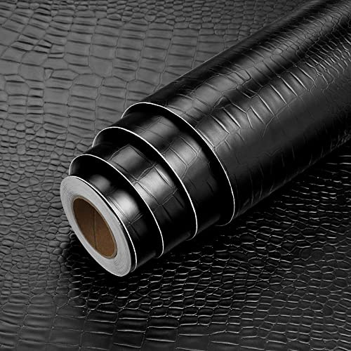 LACHEERY Papier Peint Noir Texturé en Imitation Cuir Crocodile Mur 60cm x 400cm Tapisserie Murales Papier Peint Salon Vinyle Adhesif Noir Imperméable Autocollant Décoratif pour Chambre Mural Meuble