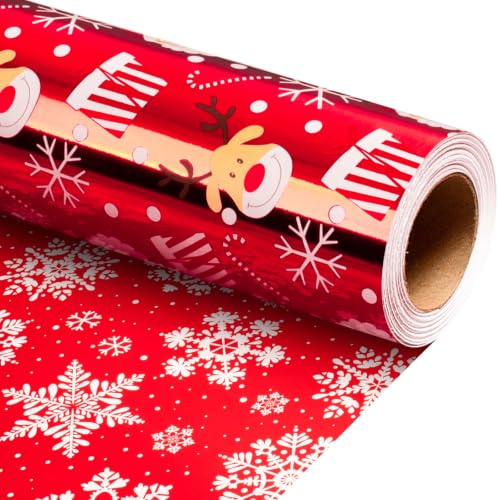 Wikadlik Rote Geschenkpapier-Rolle - Metallischer Glanz Rentier Weihnachtsmann Zuckerstange Punkte Geschenkpapier für Weihnachten Feiertagsfestliche Feier - 43 cm x 10 m