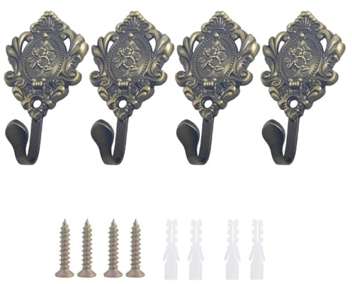 4 Pack Vintage Drapery Curtain Holdbacks Tieback Hooks 3D Flower Retro Ornate Style Rose Pattern Chic Key Hooks Holder Coat Rack Wall Mount Gold Vintage Hook for Hanging Coats (Bronze)