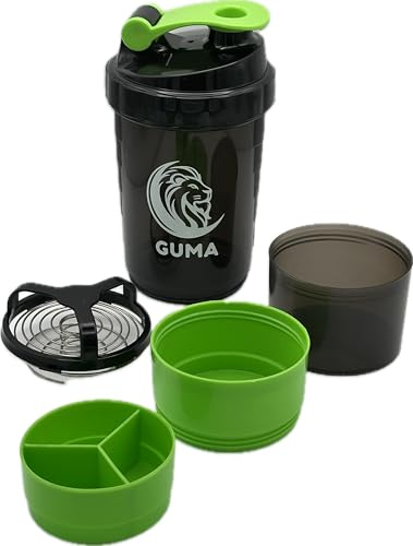 Shaker de Proteínas, Creatina y Bebidas Energéticas para Gimnasio, Verde | Diferentes Compartimentos, Tamiz Mezclador de Acero Inoxidable, Mezclas sin Grumos, Botella para Entrenamiento