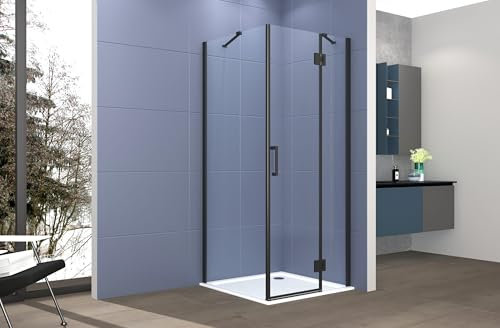 Box doccia 2 lati 90x120 cm fisso + porta un battente H200 cm cristallo 6mm profilo Nero Opaco PIPPO