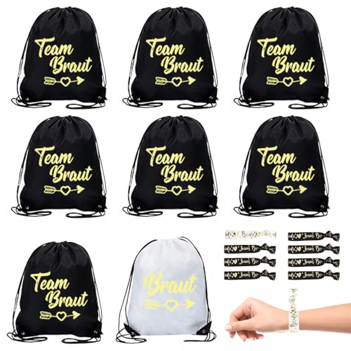 8 Stück Rucksack JGA Team Braut, JGA Turnbeutel Team Braut mit Team Bride Armband, JGA Accessoires Braut Turnbeutel 34 * 42cm, für Junggesellenabschied Braut Party