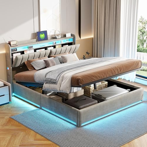 Julyue Bett 140x200 mit Stauraum, Polsterbett Hydraulisch mit Bettkasten und Lattenrost, LED Kopfteil mit Stauraum und USB Ladestation, Doppelbett Stauraumbett, Samt, ohne Matratze (Grau, 140x200 cm)