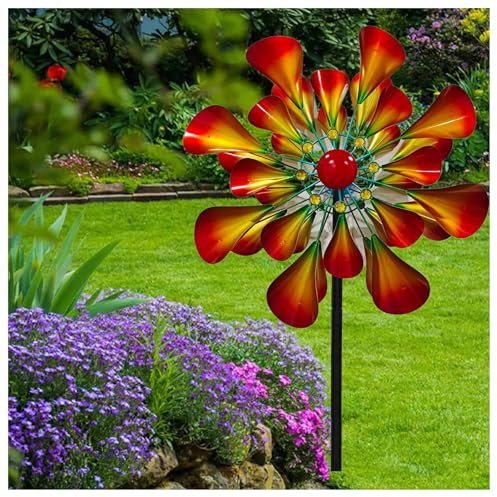 Hazomeu Windrad Metall 57cm Rotor-Durchmesser Windspiel Metall Windrad Windblätter 3D Optik Windräder Garten Wetterfestes Gartendeko