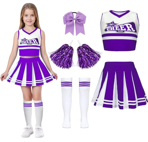 Deguisement Pompom Girl Deguisement Cheerleader avec Pom Poms Nœud Et Chaussettes Costume De Cheerleader Enfant Uniforme de Pom-Pom Girl Pour Carnaval Cosplay Mascarade Halloween FêTe-Purple 160